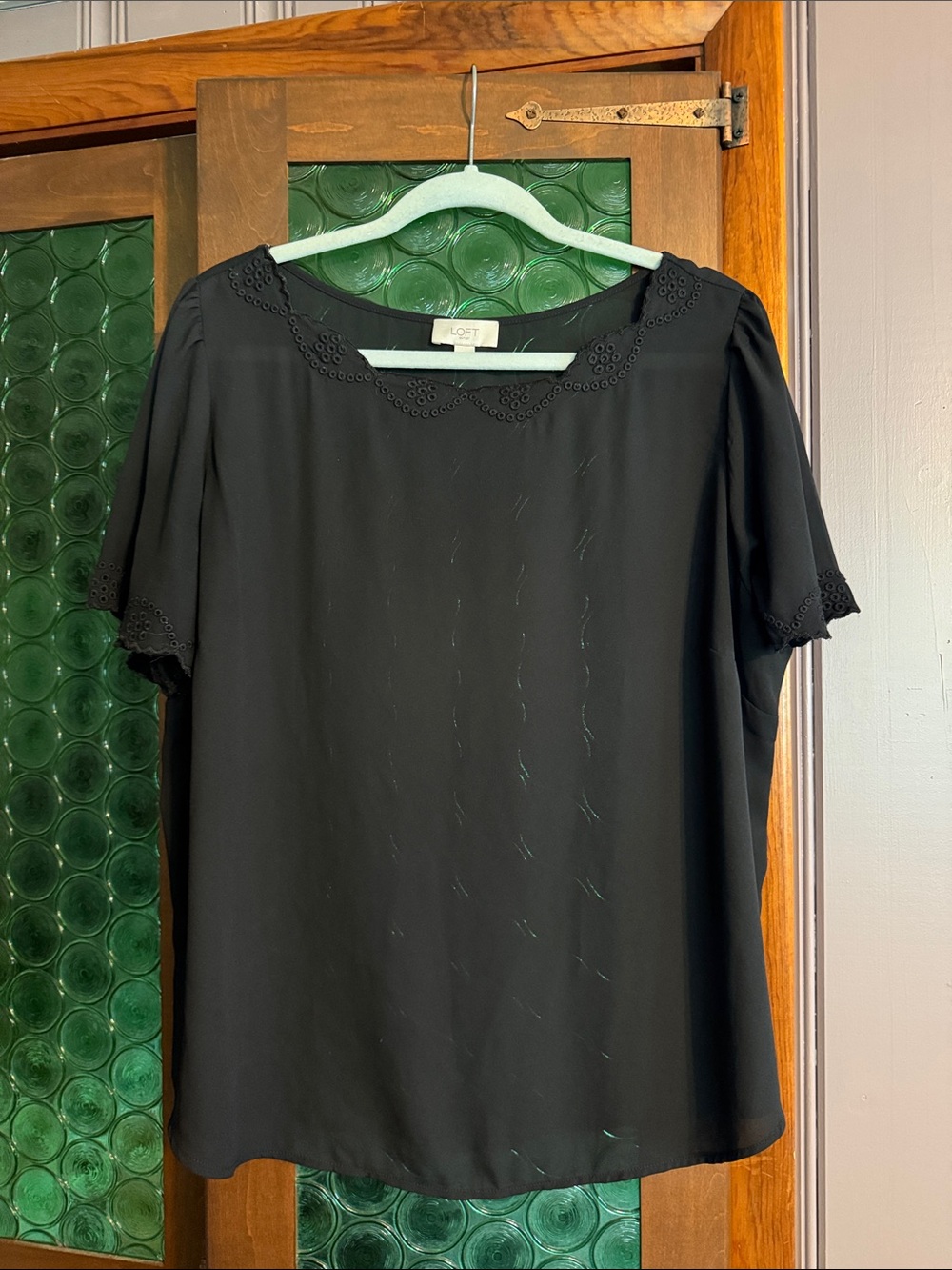 LOFT Black Short Sleeve Eyelet Trim Blouse